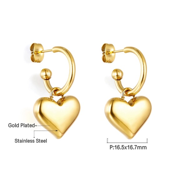 ◾️18k Gold Plated Heart Charm Dangle Earrings - Picture 3 of 6